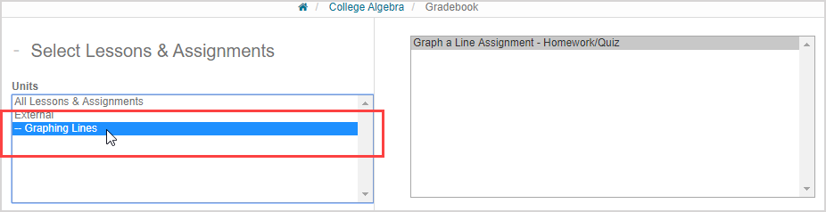 The list of available units is the first list in the "Select Lessons & Assignments" pane.